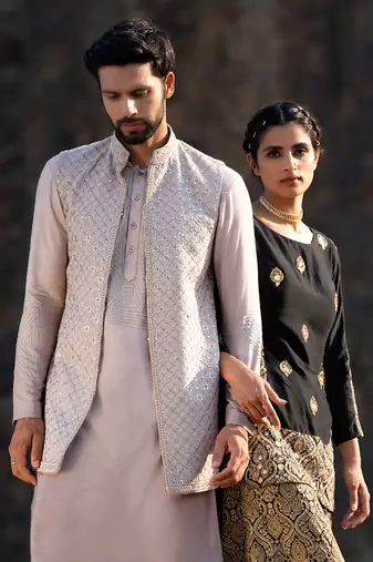 Melange Grey Kurta Jacket Set With Box Pants