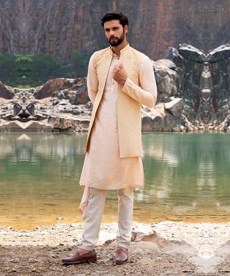Gold Coloured Kurta Jacket Set With Box Pants 1