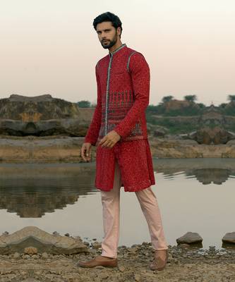 Red Coloured Kurta Jacket Set With Box Pants 1