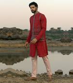 Red Coloured Kurta Jacket Set With Box Pants