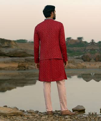Red Coloured Kurta Jacket Set With Box Pants 2