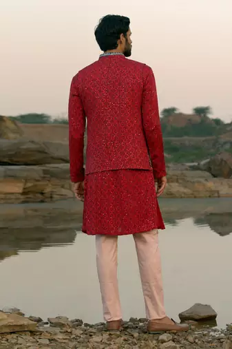 Red Coloured Kurta Jacket Set With Box Pants
