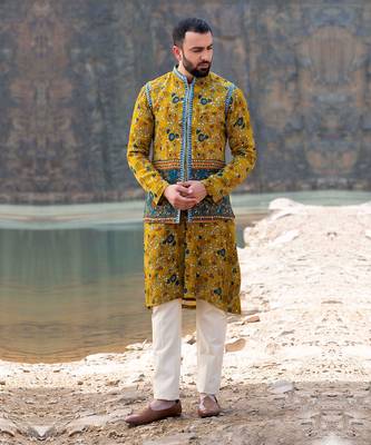Mustard Coloured Kurta Jacket Set With Box Pants 1