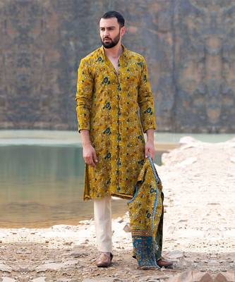 Mustard Coloured Kurta Jacket Set With Box Pants 2