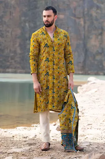 Mustard Coloured Kurta Jacket Set With Box Pants