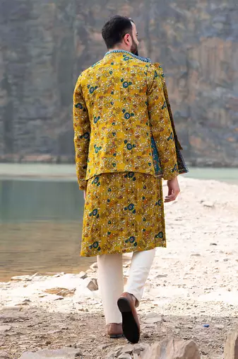 Mustard Coloured Kurta Jacket Set With Box Pants