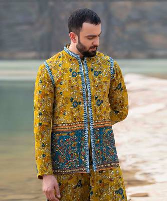 Mustard Coloured Kurta Jacket Set With Box Pants 4