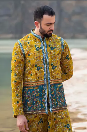 Mustard Coloured Kurta Jacket Set With Box Pants