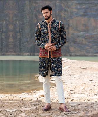 Navy Blue Coloured Kurta Jacket Set With Box Pants 1