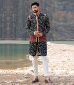 Navy Blue Coloured Kurta Jacket Set With Box Pants
