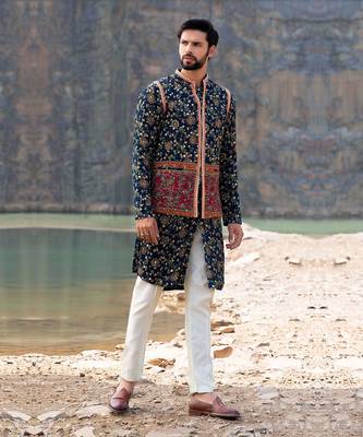 Navy Blue Coloured Kurta Jacket Set With Box Pants 2