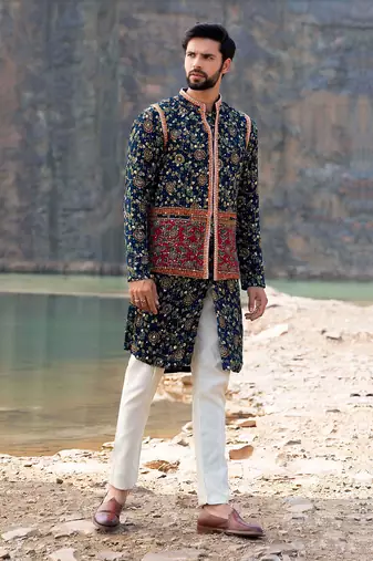 Navy Blue Coloured Kurta Jacket Set With Box Pants