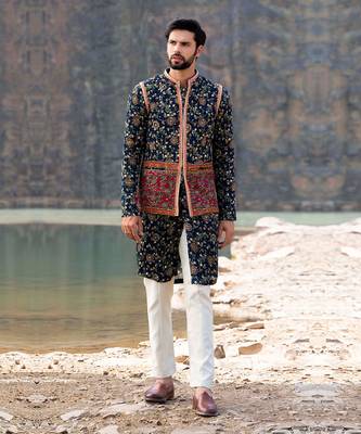 Navy Blue Coloured Kurta Jacket Set With Box Pants 3