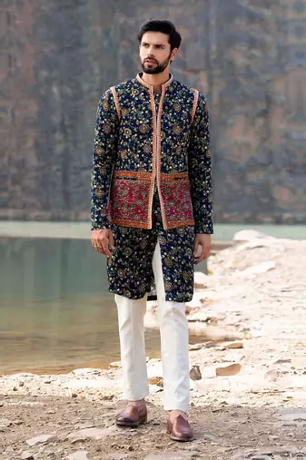 Navy Blue Coloured Kurta Jacket Set With Box Pants