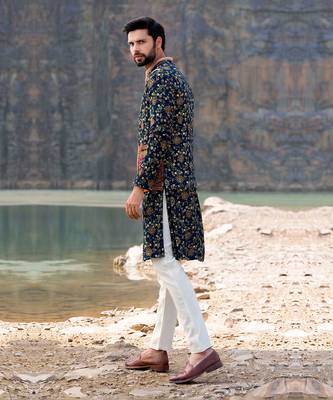 Navy Blue Coloured Kurta Jacket Set With Box Pants 4