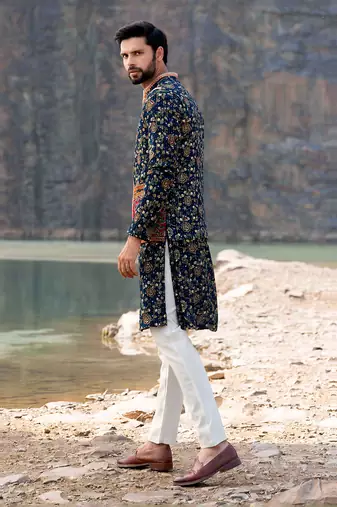 Navy Blue Coloured Kurta Jacket Set With Box Pants
