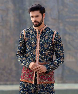Navy Blue Coloured Kurta Jacket Set With Box Pants 5