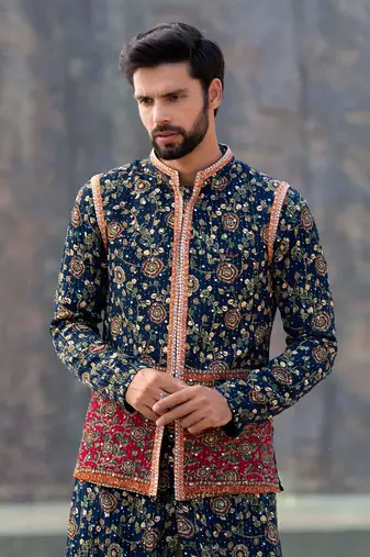 Navy Blue Coloured Kurta Jacket Set With Box Pants