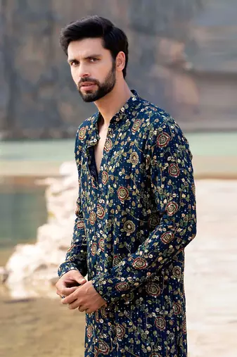 Navy Blue Kurta With Box Pants