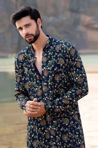Navy Blue Kurta With Box Pants