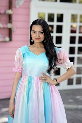 Multi Color Jimmy Silk With Rich Multi Print work Gown 5
