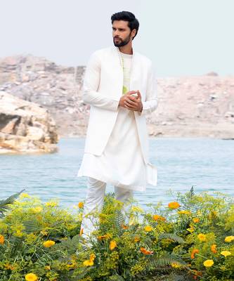 Pure White Kurta Jacket Set With Box Pants 1