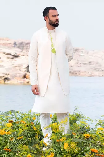 Pure White Kurta Jacket Set With Box Pants