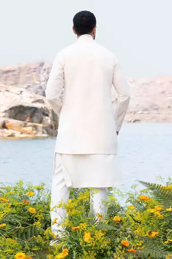 Pure White Kurta Jacket Set With Box Pants