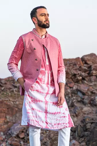 Fazal Baby Pink Tiw & Die Kurta With Jacket Set
