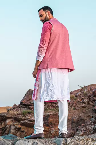 Fazal Baby Pink Tiw & Die Kurta With Jacket Set