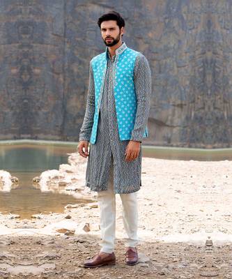 Ferozi Coloured Kurta Jacket Set With Box Pants 1