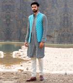 Ferozi Coloured Kurta Jacket Set With Box Pants