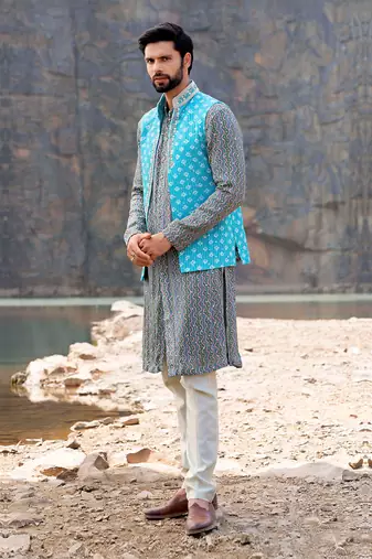 Ferozi Coloured Kurta Jacket Set With Box Pants