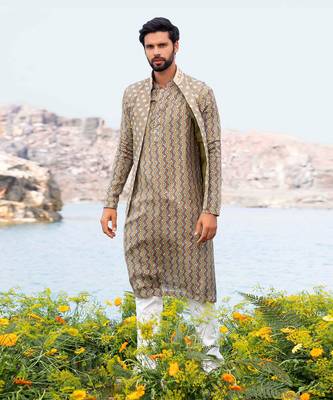 Pista Green Kurta Jacket With Off White Pants 1