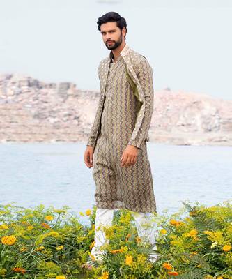 Pista Green Kurta Jacket With Off White Pants 2