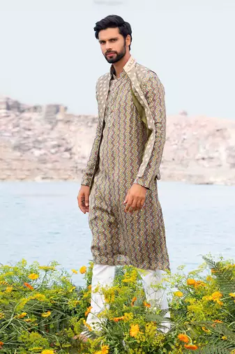 Pista Green Kurta Jacket With Off White Pants