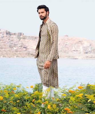 Pista Green Kurta Jacket With Off White Pants 3