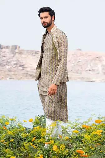 Pista Green Kurta Jacket With Off White Pants