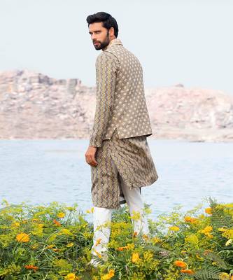 Pista Green Kurta Jacket With Off White Pants 4