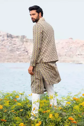 Pista Green Kurta Jacket With Off White Pants