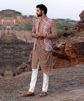 Taupe Pink Coloured Kurta Jacket Set With Box Pants 2
