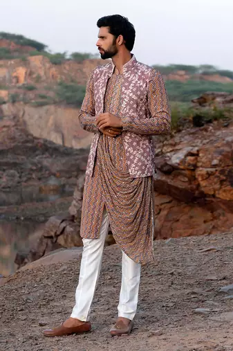 Taupe Pink Coloured Kurta Jacket Set With Box Pants