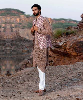 Taupe Pink Coloured Kurta Jacket Set With Box Pants 1