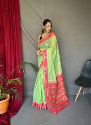 Traditional Green Ikat Work Linen Saree For Girls 1