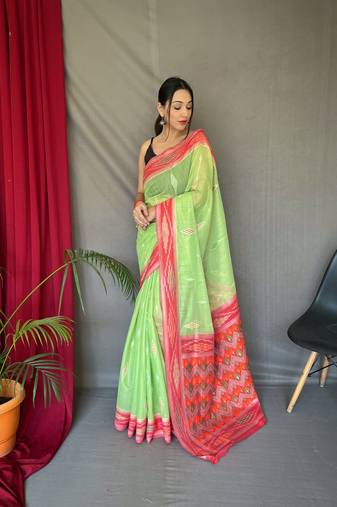 Traditional Green Ikat Work Linen Saree For Girls