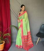 Traditional Green Ikat Work Linen Saree For Girls
