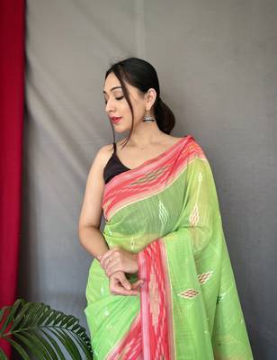 Traditional Green Ikat Work Linen Saree For Girls 2
