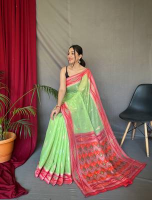 Traditional Green Ikat Work Linen Saree For Girls 3