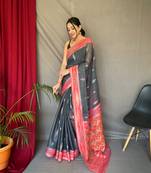 Traditional Grey Ikat Work Linen Saree For Girls