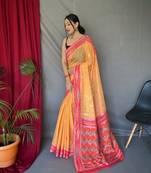 Traditional Orange Ikat Work Linen Saree For Girls
